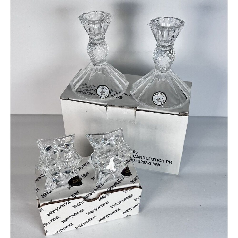 Crystal Glass Candlestick Holders NEW by Michael C Fina Vintage 2 Sets - Picture 1 of 9